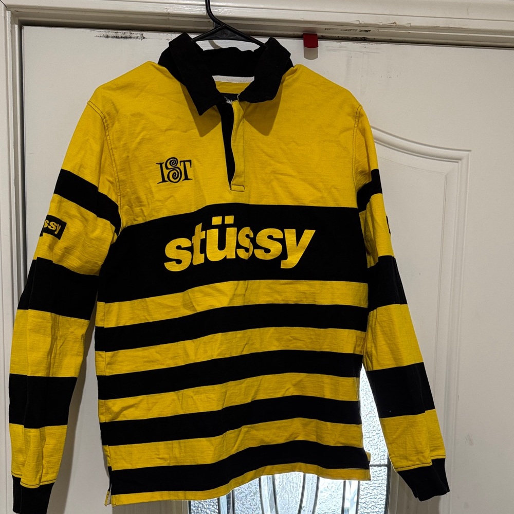 Stussy Yellow and Black Striped Polo Shirt